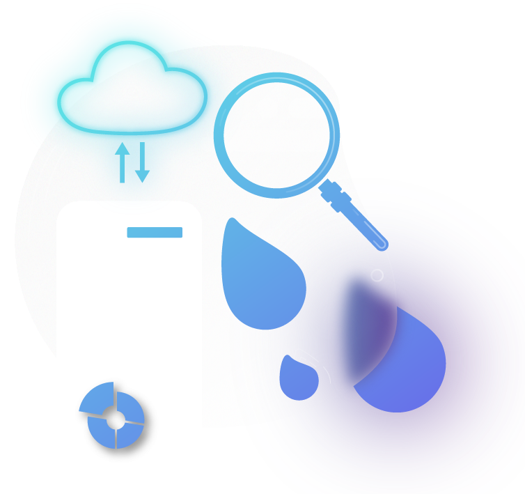 Elemento gráfico donde se ve una compuerta que da paso a un caudal de aguas, acompañado de iconos de semillas germinadas, engranajes y un teléfono que la comanda a distancia