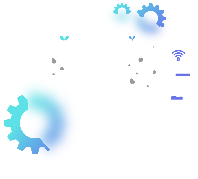 Elemento gráfico donde se ve una compuerta que da paso a un caudal de aguas, acompañado de iconos de semillas germinadas, engranajes y un teléfono que la comanda a distancia