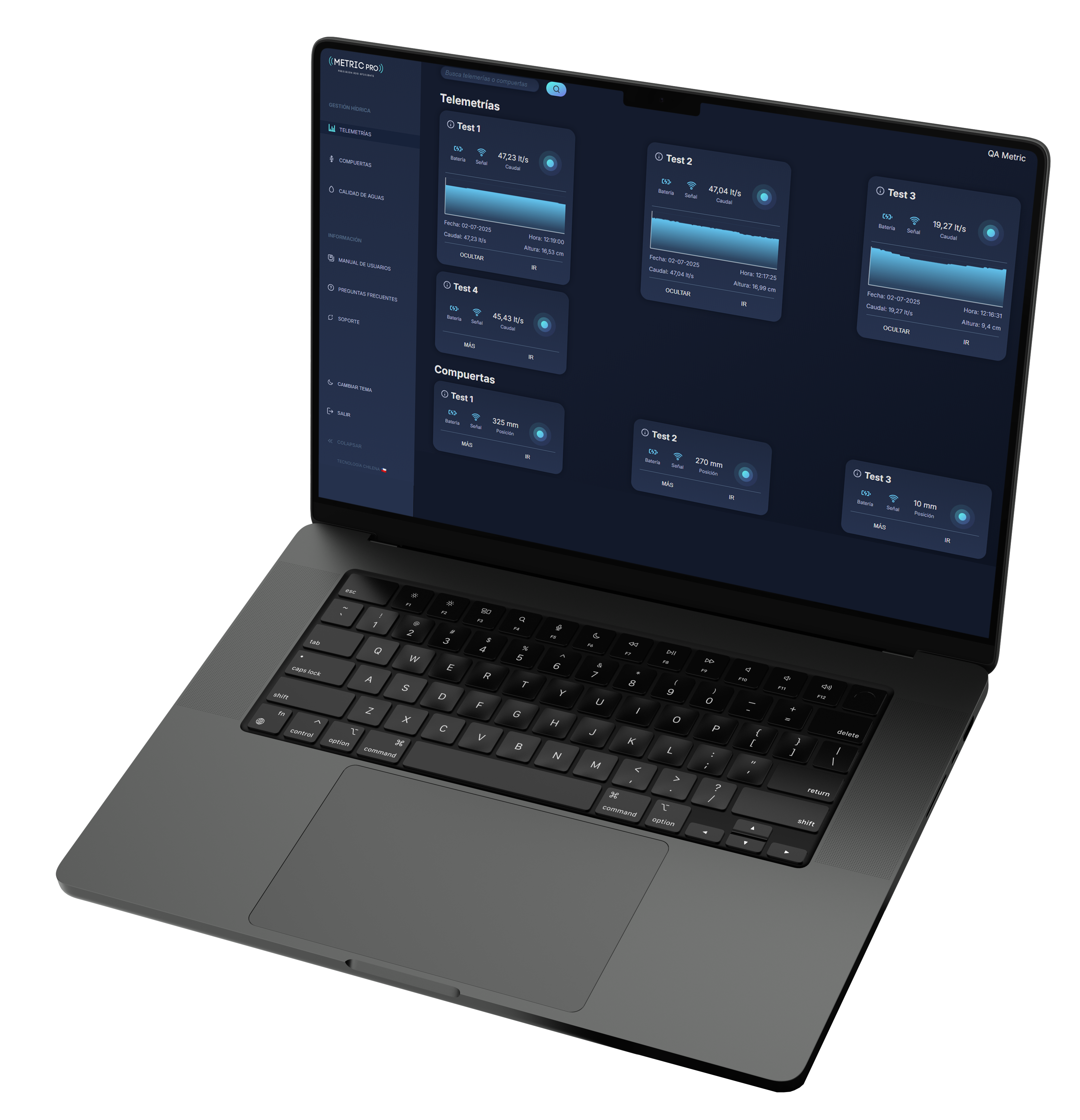 Elemento gráfico donde se ve una compuerta que da paso a un caudal de aguas, acompañado de iconos de semillas germinadas, engranajes y un teléfono que la comanda a distancia